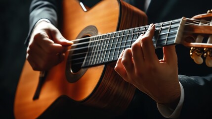 Fototapeta premium Close-up of a man's hands playing an acoustic guitar.