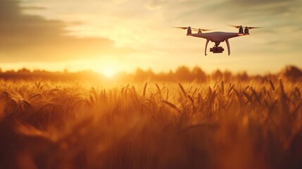 Drone flying over a wheat field, spraying herbicide to prevent weed growth, with an automated system.