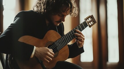 Obraz premium A man plays an acoustic guitar.