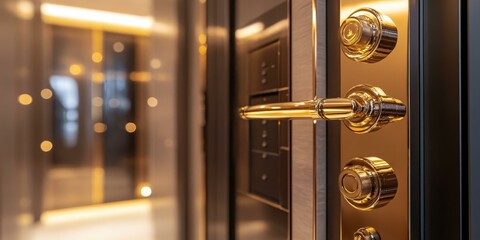 Close-up of a gold door handle and lock.