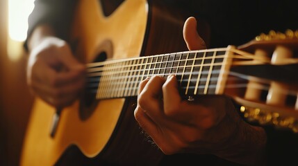 Fototapeta premium Close up of a man playing an acoustic guitar.