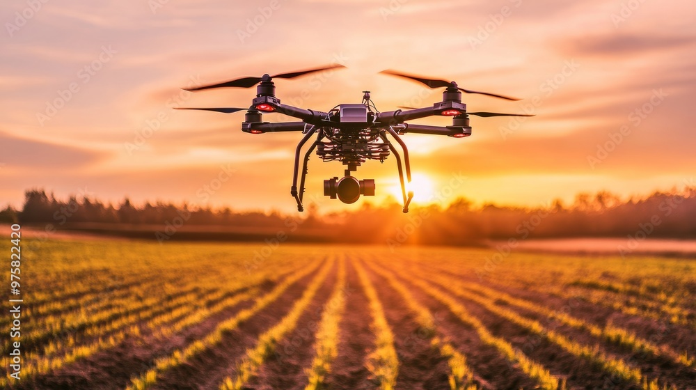 Poster drone hovering above a field, conducting soil analysis using sensors, completely unmanned.