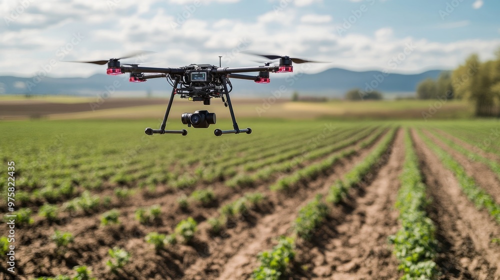 Poster drone hovering above a field, conducting soil analysis using sensors, completely unmanned.