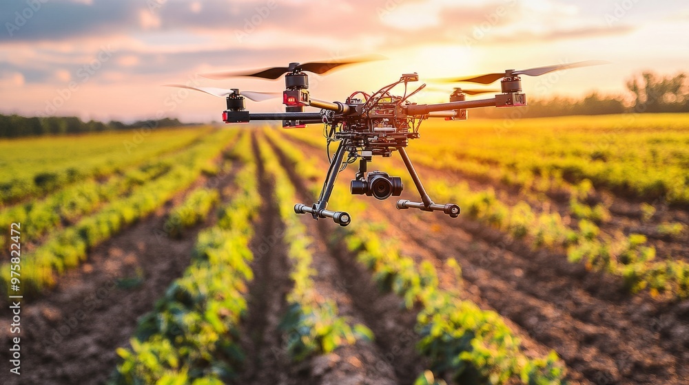 Poster drone hovering above a field, conducting soil analysis using sensors, completely unmanned.