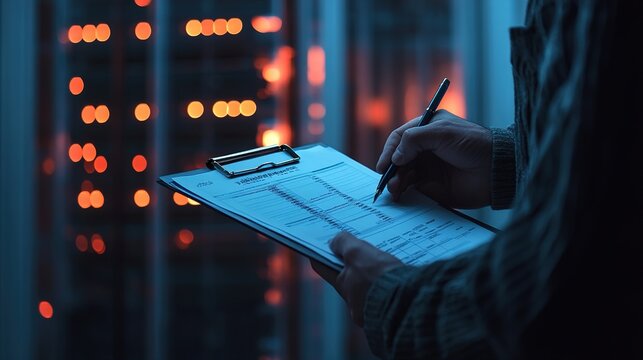 Person checking technical systems in a server room with clipboard.