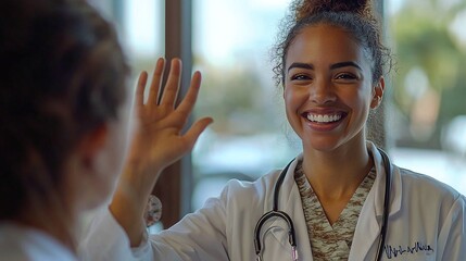compassionate care in action as a doctor shares a smile and high-five with a biracial patient, embodying a positive encounter that fosters hope, healing, and patient connection