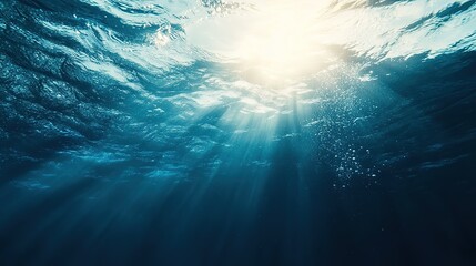 Fototapeta premium Sunlight waves at Blue ocean surface from underwater background, Generative Ai 