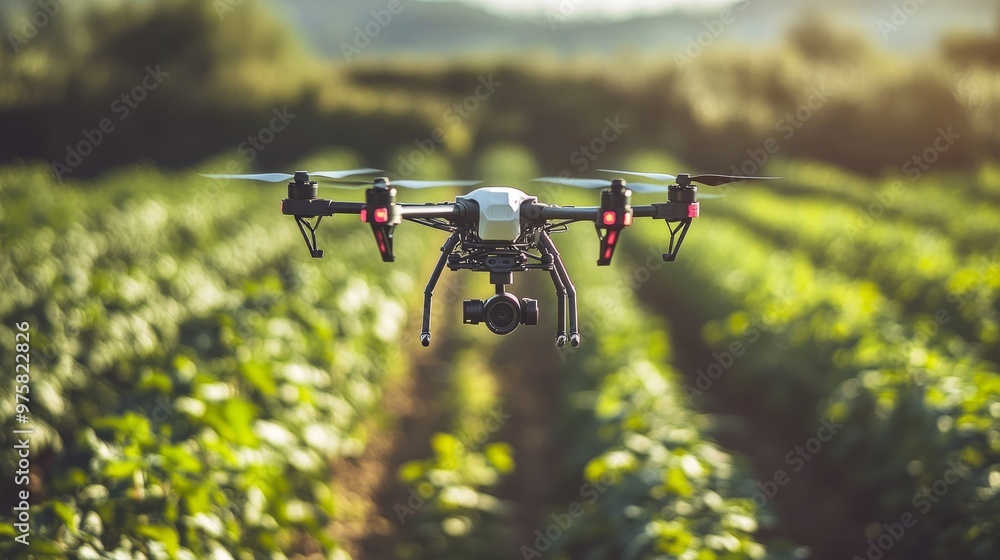 Poster drone hovering low over rows of crops, capturing detailed images for analysis without human interact