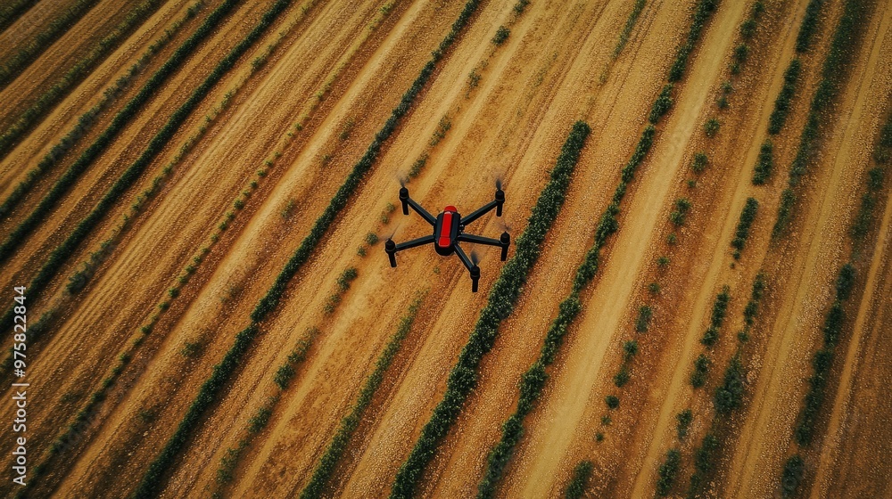 Poster drone hovering low over rows of crops, capturing detailed images for analysis without human interact