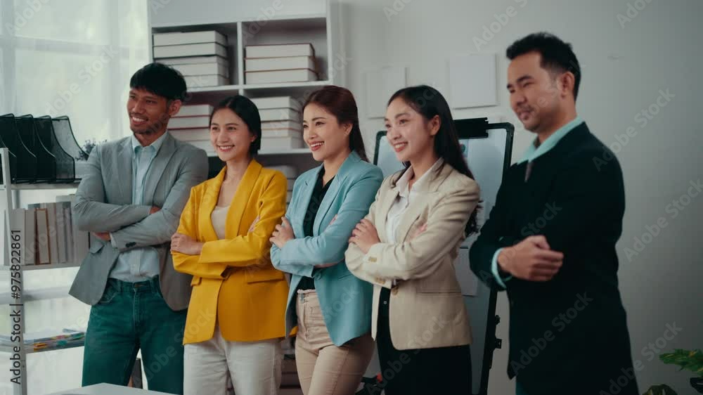 Poster team of five asian business professionals poses with arms crossed in an office setting. they project