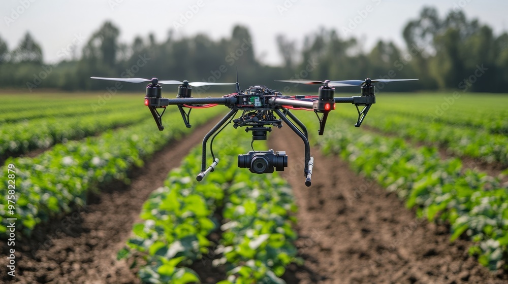 Poster drone hovering low over rows of crops, capturing detailed images for analysis without human interact