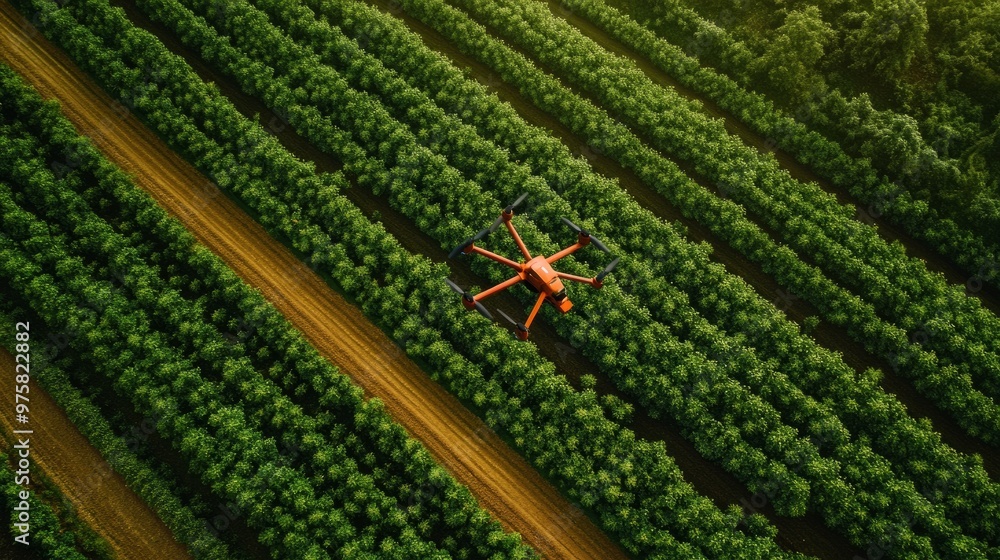 Poster drone hovering low over rows of crops, capturing detailed images for analysis without human interact