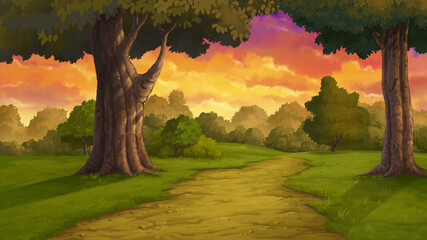 Illustration of the forest at evening