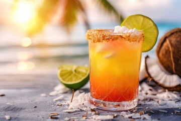 Fototapeta premium Refreshing Layered Coconut Margarita with Lime for a Vibrant and Exotic Tropical Drink Experience