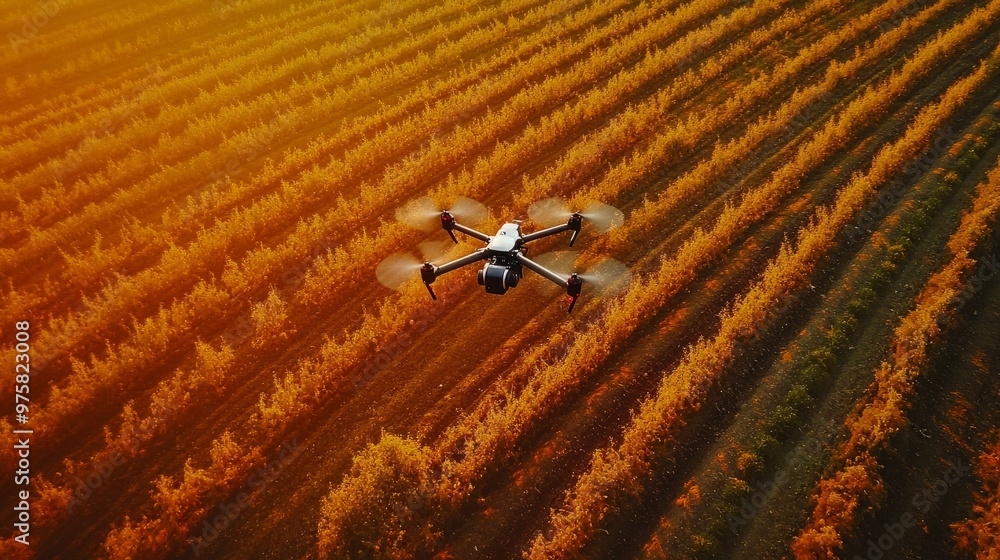 Poster drone hovering low over rows of crops, capturing detailed images for analysis without human interact