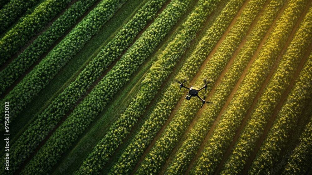Poster drone hovering low over rows of crops, capturing detailed images for analysis without human interact