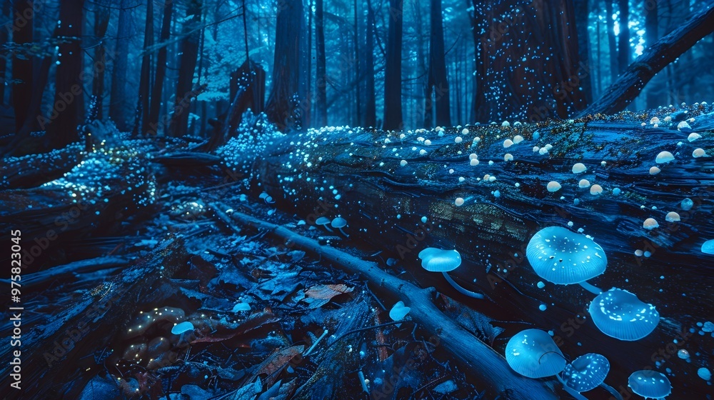 Poster bioluminescent enchanted forest scene with glowing fungi on fallen logs and tree trunks illuminating