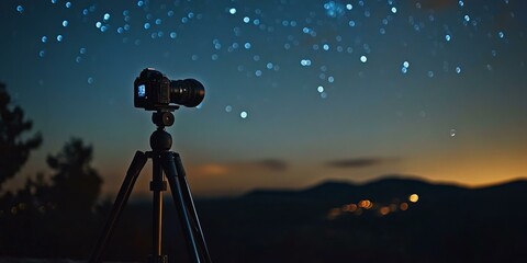 Camera on tripod capturing starry night sky.