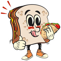 sandwich bread cartoon character mascot retro vector design carrying a taco while giving a thumbs up, work of hand drawn