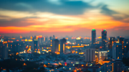 Fototapeta premium “Golden hour sky with a blurred city rooftop view, featuring a cityscape of corporate office buildings and a twilight skyline. The backdrop captures the essence of nightlife with bokeh lights, perfect