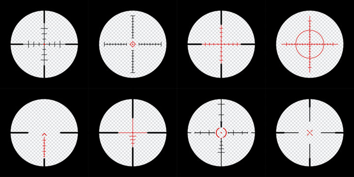 set of realistic sniper scope crosshairs view. sniper sight with measurement marks. sniper scope template isolated on transparent background. rifle optical sight.