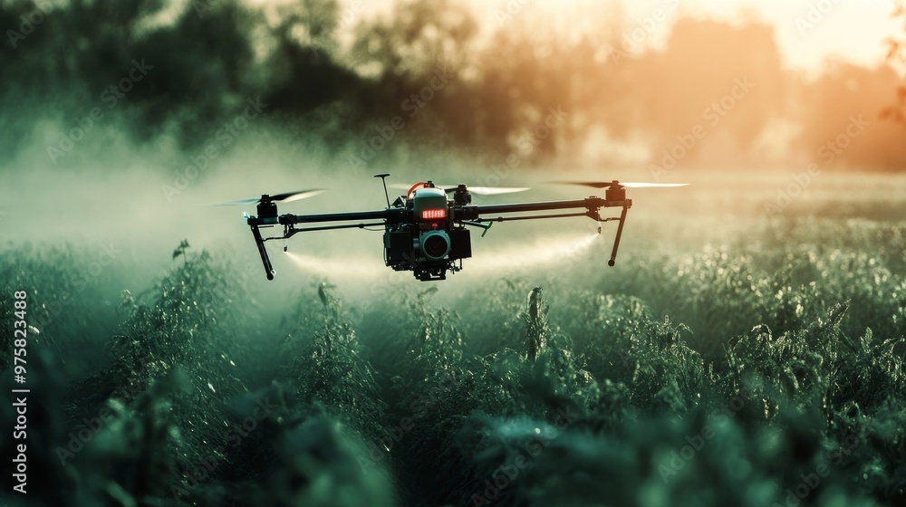 Poster drone spraying a remote section of a large farm with fertilizer, its flight path pre-programmed.