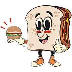 sandwich bread cartoon character mascot retro vector design carrying a burger while giving a thumbs up, work of hand drawn