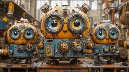 Three whimsical robots with oversized eyes and playful designs in a steampunk setting.