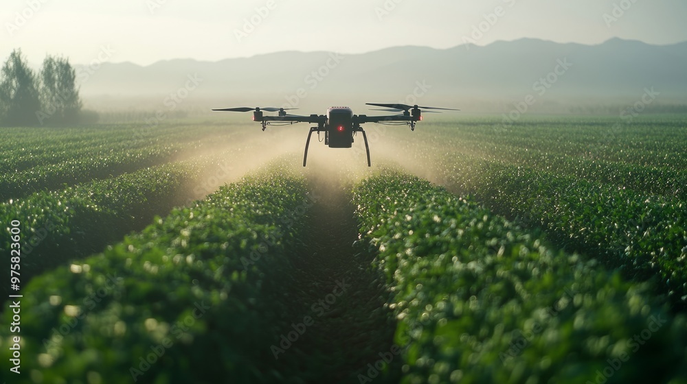 Aufkleber drone spraying a remote section of a large farm with fertilizer, its flight path pre-programmed.