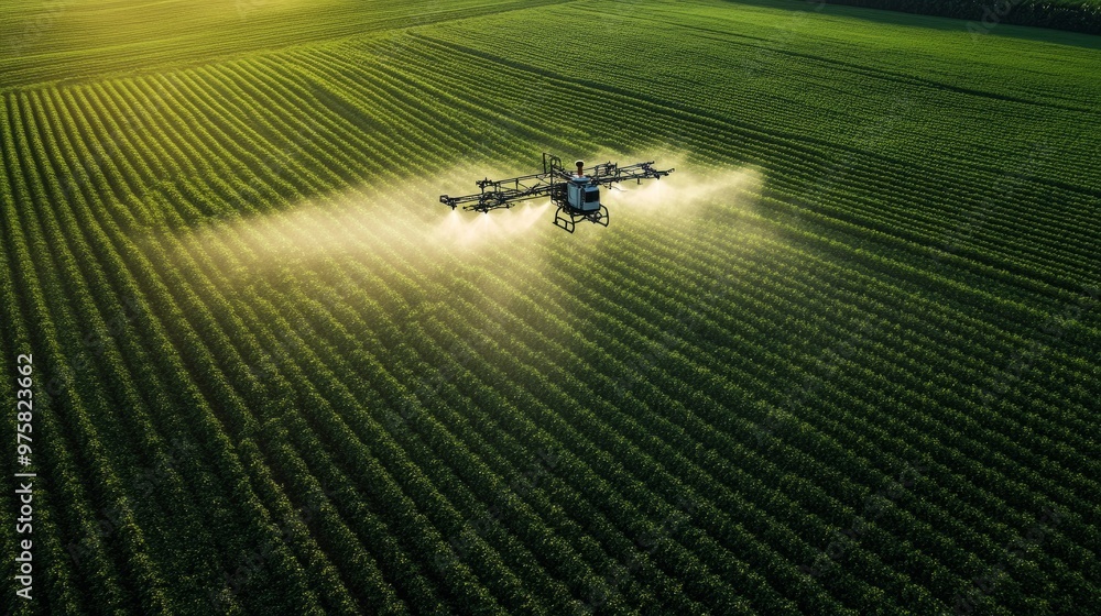 Poster drone spraying a remote section of a large farm with fertilizer, its flight path pre-programmed.