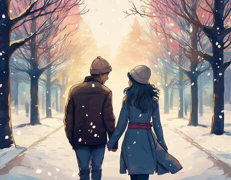 Ilustraci&oacute;n de una joven pareja, abrigada con gorros y bufandas, paseando de la mano por un parque nevado.