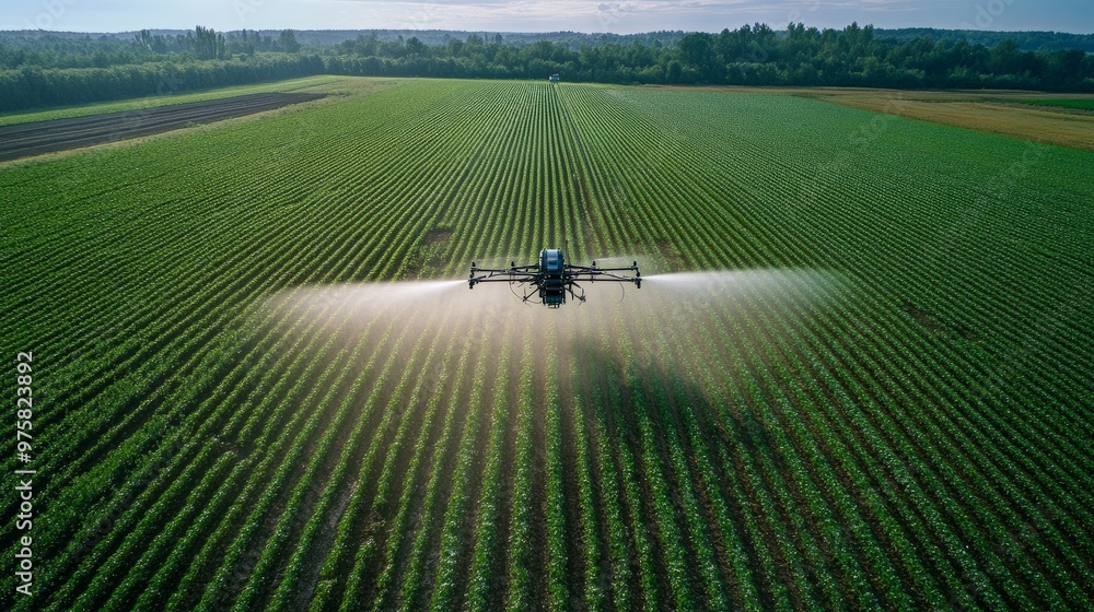 Poster drone spraying a remote section of a large farm with fertilizer, its flight path pre-programmed.