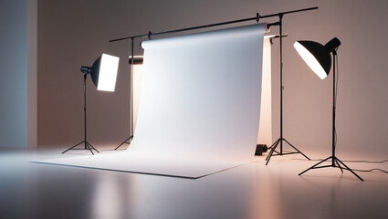 photographic studio white backdrop paper roll with lights, nobody