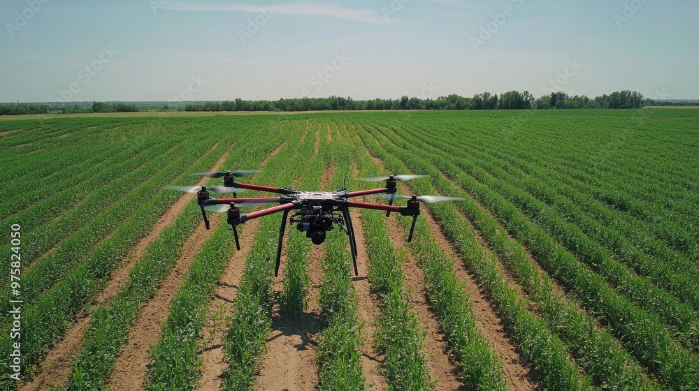 Poster drone using multispectral cameras to scan a field of crops for disease detection, with no humans pre