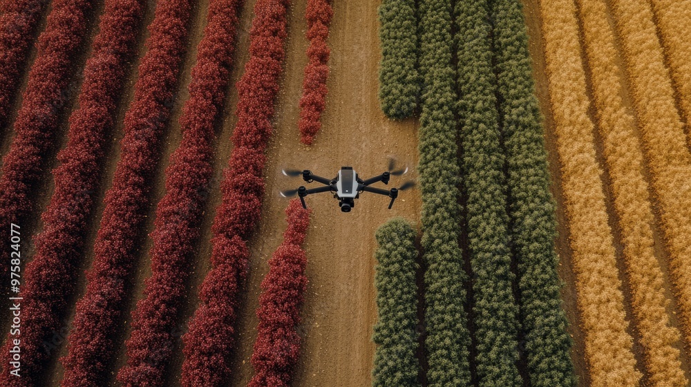 Poster drone using multispectral cameras to scan a field of crops for disease detection, with no humans pre