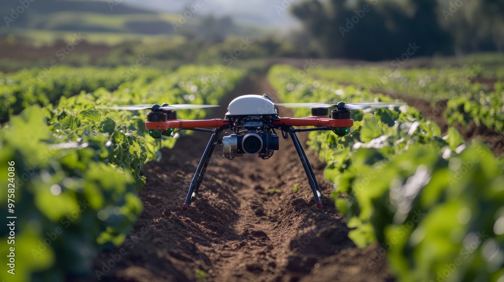 Poster drone using multispectral cameras to scan a field of crops for disease detection, with no humans pre