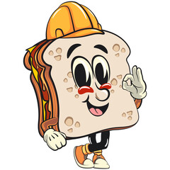 sandwich bread cartoon character mascot retro vector design wear a construction worker's helmet, work of hand drawn