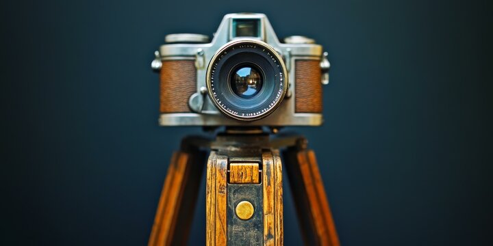 Vintage camera on wooden tripod, dark background.