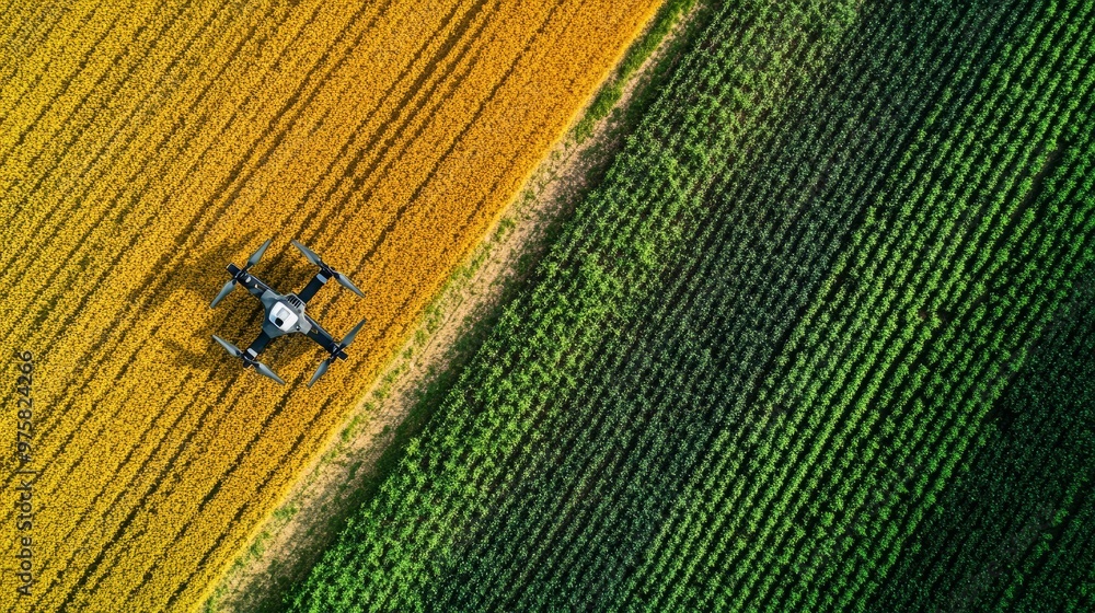 Poster drone using multispectral cameras to scan a field of crops for disease detection, with no humans pre