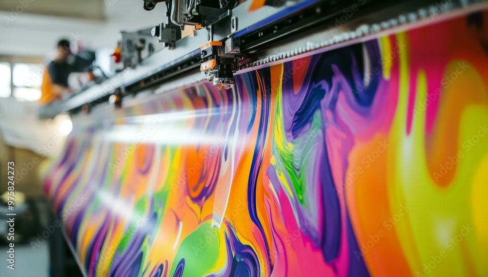 Poster large-format printer printing colorful abstract design.