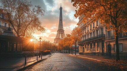 quiet street view in paris with the eiffel tower in the background, embodying the picturesque and romantic ambiance of the city, a perfect travel destination for iconic sightseeing
