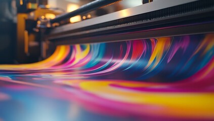 Close-up of a large format printer printing vibrant colorful swirls.