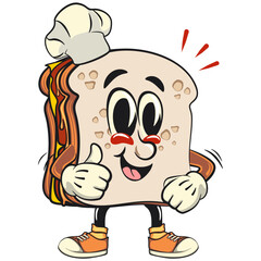 sandwich bread cartoon character mascot retro vector design as chef give thumbs up, work of hand drawn