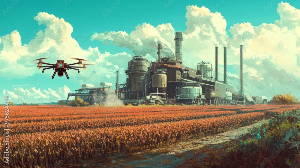 Poster drones at work on a massive farm, flying over crops in an entirely automated process.