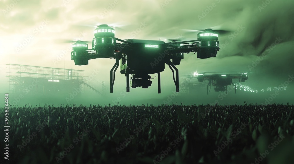 Poster drones at work on a massive farm, flying over crops in an entirely automated process.