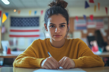 Focused student taking notes in government class with american flag in background