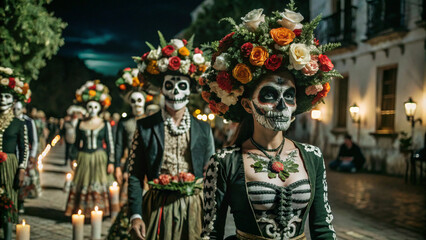 Dia de los Muertos procession with participants in skeleton face paint and floral crowns, night street