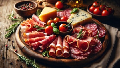 traditional italian antipasto platter, assorted cured meats like prosciutto and salami, cherry tomatoes, fresh rosemary and parmesan cheese chunks on rustic wooden surface, low angle close-up view, wa