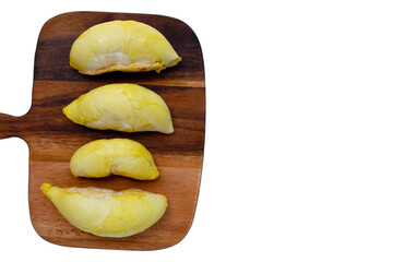 Fresh ripe cut durian on white background.