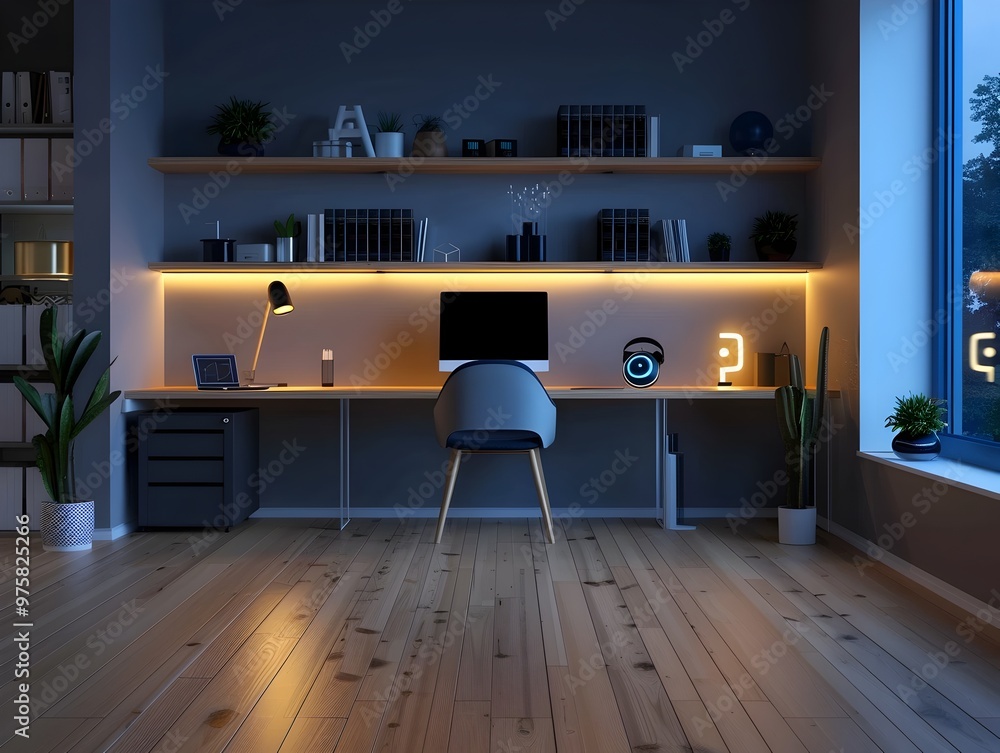 Poster sleek and intelligent home office space with automated lighting and assistant for enhanced productiv